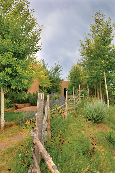 Native wildflowers adorn a simple fence that keeps the dogs inside the yard and the rabbits and deer outside the family's garden.